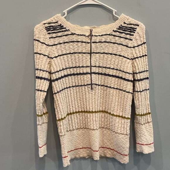 Free People Rossi Ribbed Knit Half Zip Pullover Sweater Large White Striped Boho - Picture 5 of 11
